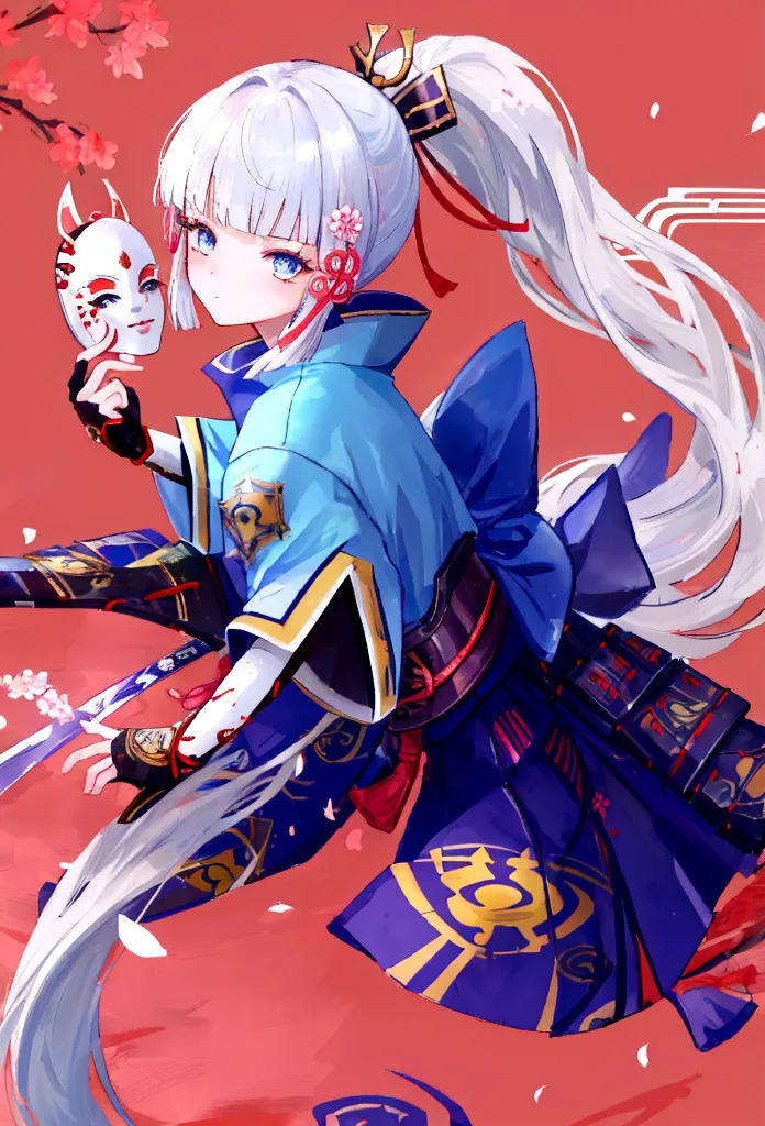 1 girl,ponytail,warrior mask,warrior,holding a sword,anger,angerの目,perfect eyes,cherry blossom,celestial illumination,japanese b...