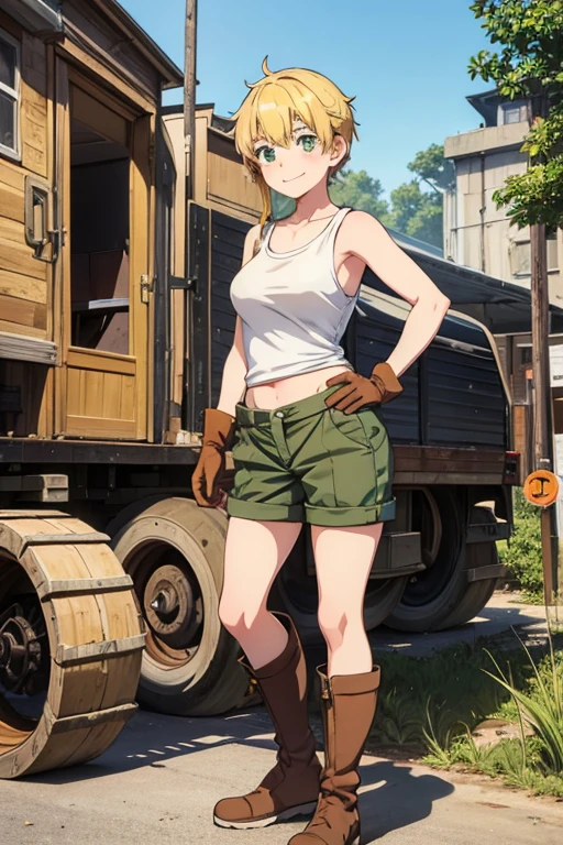 Anime Art、Full body portrait、A freckled female mechanic, about 38 years old, about 165 cm tall, wearing a white tank top and brown shorts, standing upright with her hands on her hips、Laughing with mouth open、The hairstyle is short、Blonde、wearing goggles、Green Eyes、gloves、Knee-high boots