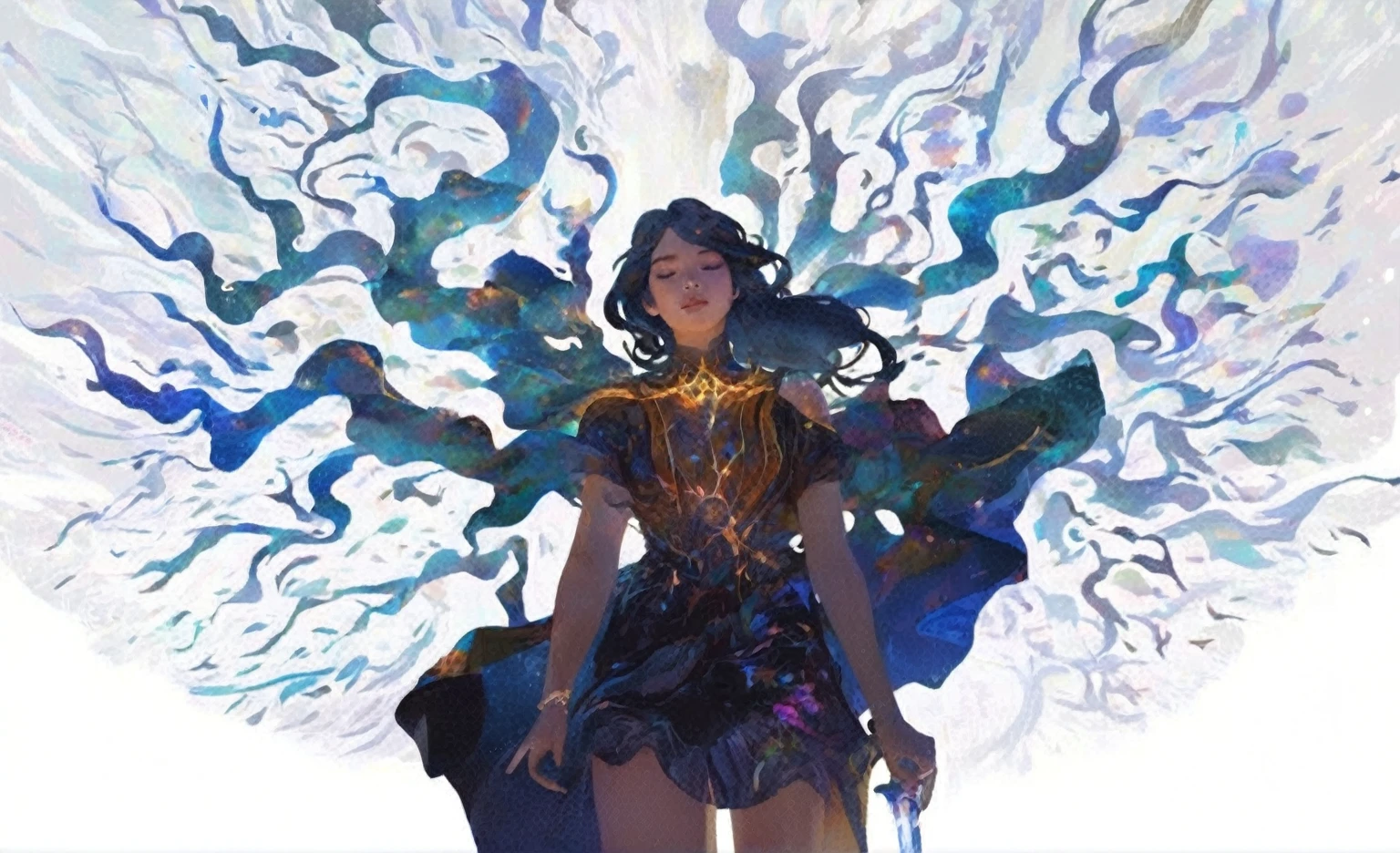 the girl's whole body floating in the middle, super vision, picture book style, fantasy illustration, A girl holding a glowing key in her hand, representing the source of her courage. Her hair transforms into radiant, wing-like shapes, symbolizing her newfound  and breakthrough. The background is filled with bright colors and light, suggesting a hopeful and expansive future. The woman stands on a high point, overlooking a vast, illuminated landscape, embodying her growth and liberation from past constraints,  overhead view