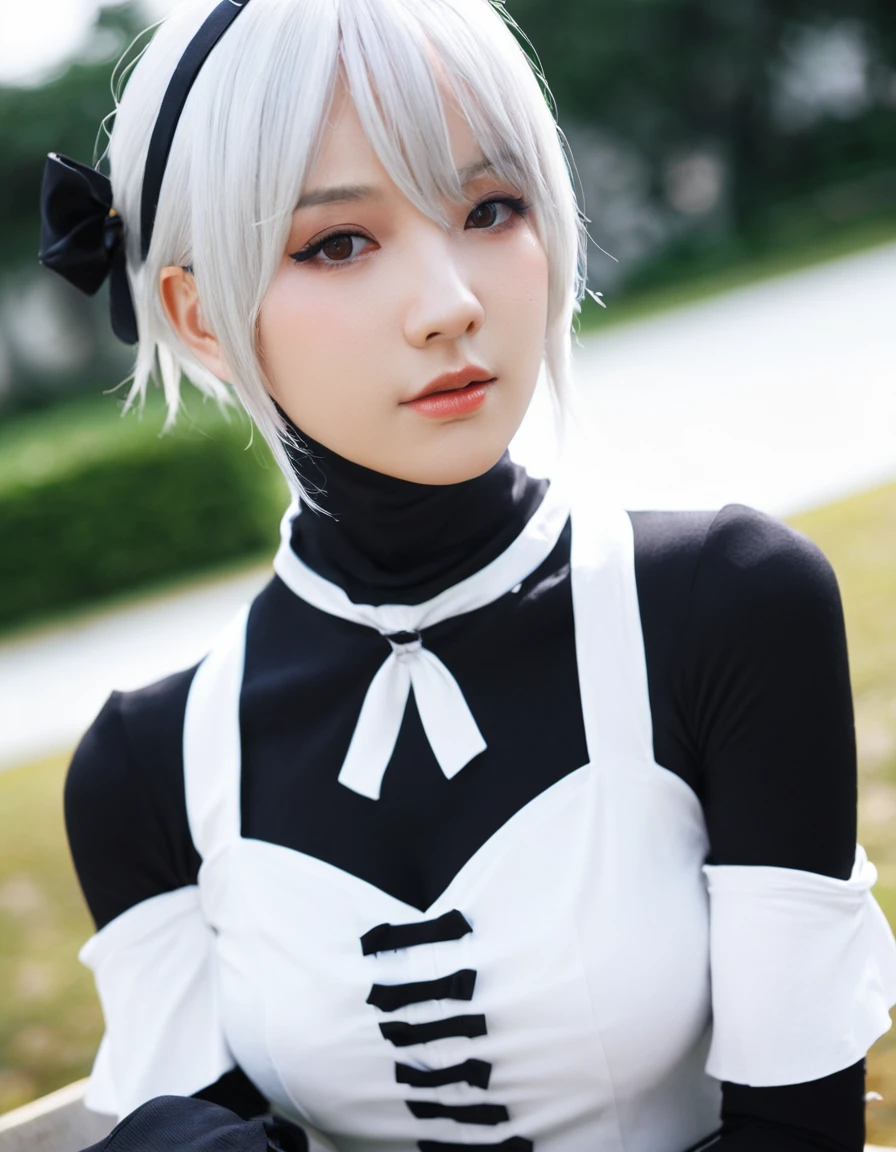 실제 사진、가까운:Beautiful cosplay of 2b from 오토마타、2b、2b로 코스프레하는 여자、하얀 피부、키가 큰、시원한 style、큰 가슴、작은 얼굴、높은 코、꿰뚫는 사람、아름다운 face、아름다운 face、20 살、영국 여성、반 영국인、가까운:2b&#39;오토마타&#39;검은색 의상、현실적인 배경、밝은 배경、현실적인 배경、팬시한な都市を背景に、시청자에게 키스하기、초고해상도、대각선 각도에서 촬영、걸작、최고의 품질、매우 높은 해상도、코스플레이어 사진、현실적인 사진、팬시한、관객을 노려보며、화난 표정、코스프레 메이크업 스타일、실제 코스프레 사진、시원한, 아름다운, 현실적인 사진、매우 사실적인 빛、빛 추적, 광선 추적 , 8K, HDR, 