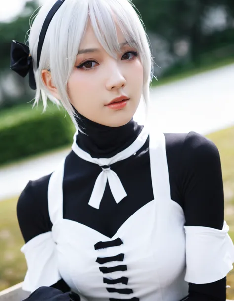 real photo、near:Beautiful cosplay of 2b from Automata、2b、A woman cosplaying as 2b、White skin、tall、Cool style、big bust、small face...