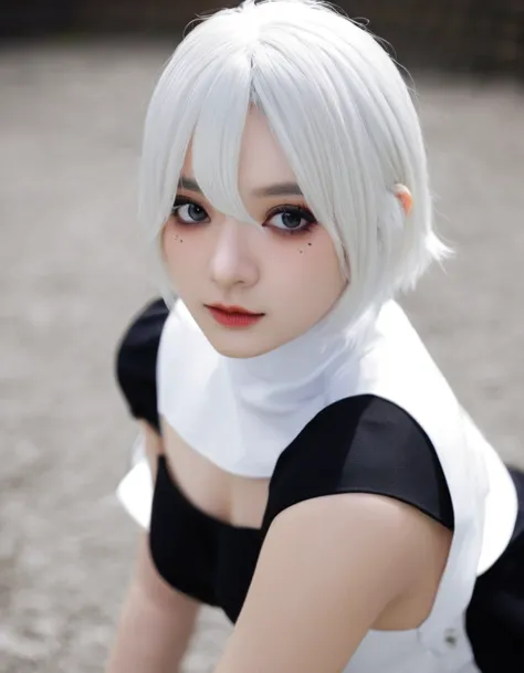 real photo、near:Beautiful cosplay of 2b from Automata、2b、A woman cosplaying as 2b、White skin、tall、Cool style、big bust、small face...