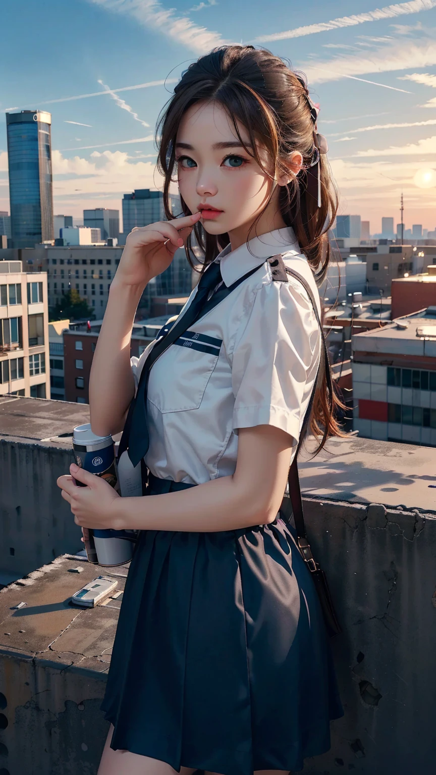 (Highest quality, masterpiece:1.2), pressure, (1 High school girl), Cat in the face, Giant, Building Sheet, Make the city smaller。 Depth of written boundary, High resolution, 超High resolution, 8K, Very detailed, Realistic, Sun light, The uniform&#39;s pleated skirt and knees, Aerial perspective, aerial photograph