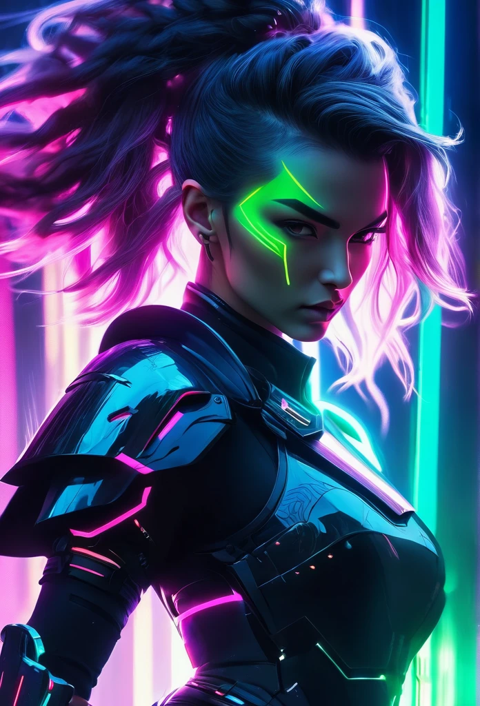 close-up of a woman with a sword against a dark background, cyberpunk, Neon colors, Northern Lights, Neon armor, HQ 4K, lightly dressed