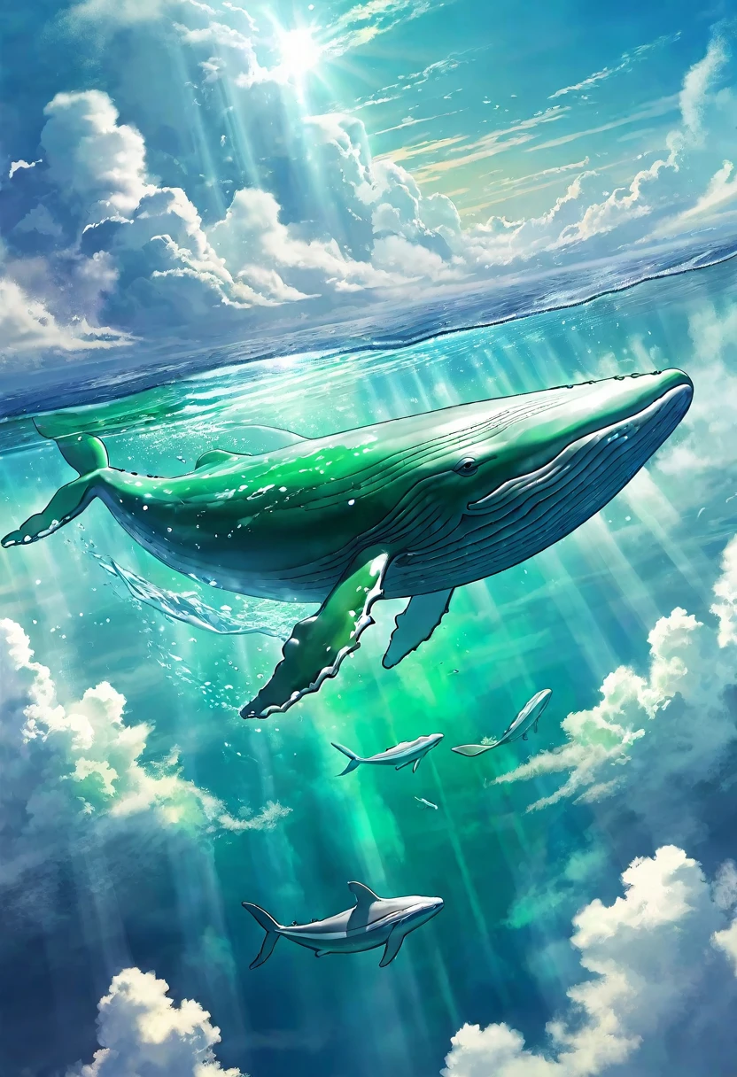 green whale , Green majestic whale floating above clouds in desert sky, (best quality,4K,8K,mackerel,masterpiece:1.2),very detailed, ethereal, dreamlike, surreal, with a magic touch, vivid colors, soft and delicate, blending seamlessly into the clouds, With a quiet and calm expression, Surrounded by a mysterious energy, softly shining, sunlight reflection, Create a breathtaking scene.