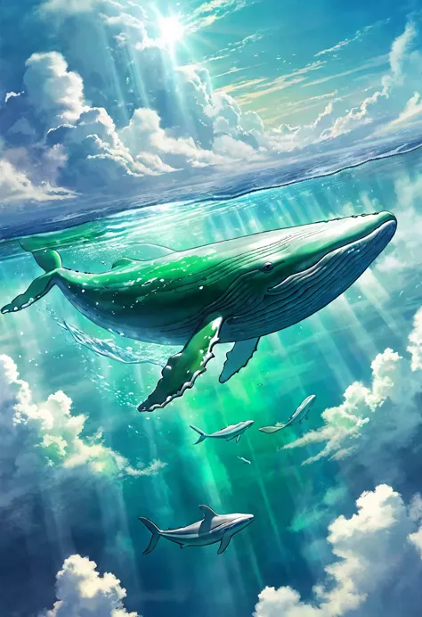 green whale , Green majestic whale floating above clouds in desert sky, (best quality,4K,8K,mackerel,masterpiece:1.2),very detai...