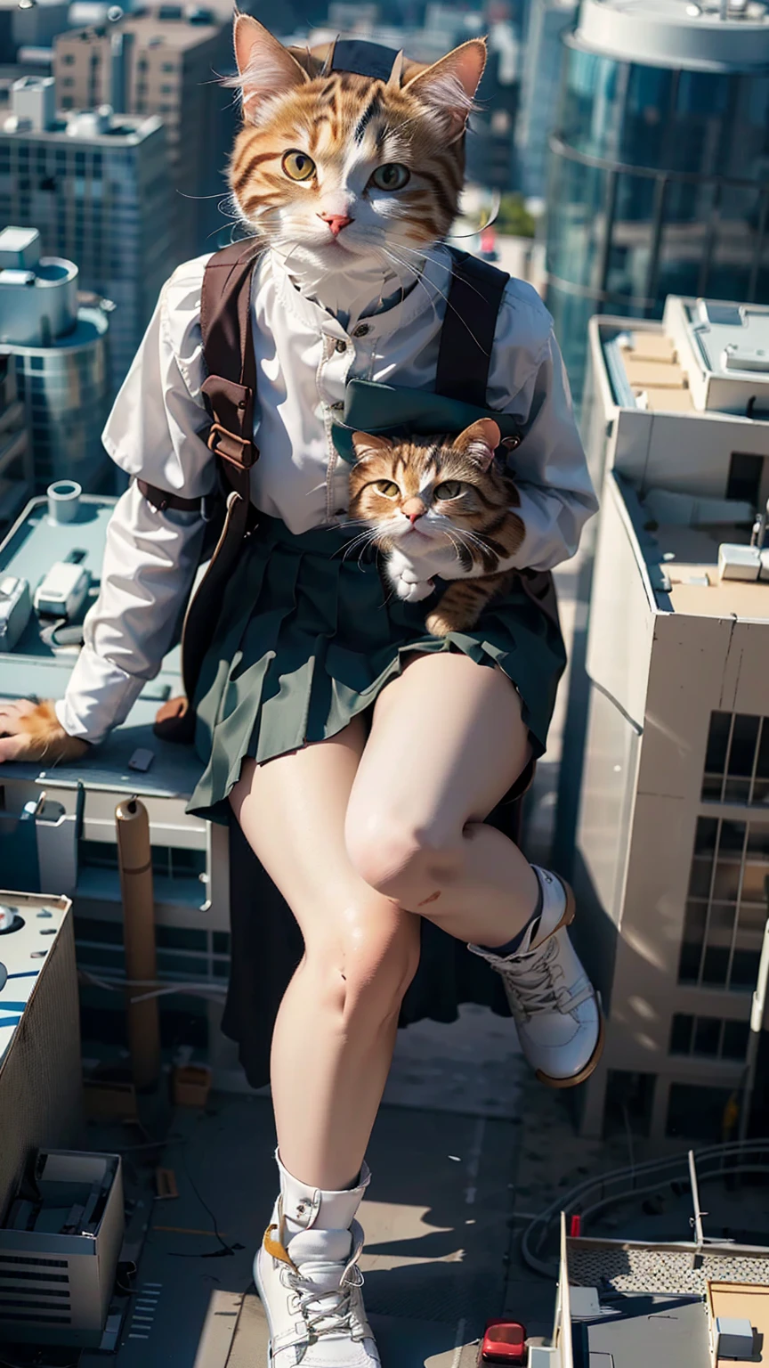 (Highest quality, masterpiece:1.2), pressure, 1 High school girl, Cat in the face, Super giant, Building Sheet, Make the city smaller, Depth of written boundary, High resolution, 超High resolution, 8K, Very detailed, Realistic, Sun light, Pleated skirt uniform,knees, Aerial perspective, aerial photograph