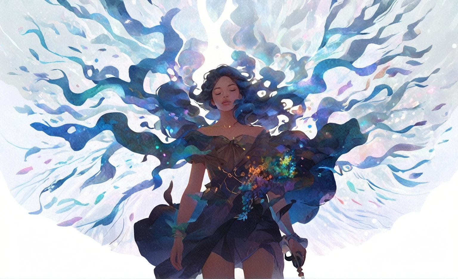 the girl's whole body floating in the middle, At the girl's feet was the root of everything, mountains, water, rivers, towns. Extremely Long Shot, picture book style, fantasy illustration, A girl holding a glowing key in her hand, representing the source of her courage. Her hair transforms into radiant, wing-like shapes, symbolizing her newfound and breakthrough. The background is filled with bright colors and light, suggesting a hopeful and expansive future. The woman stands on a high point, overlooking a vast, illuminated landscape, embodying her growth and liberation from past constraints