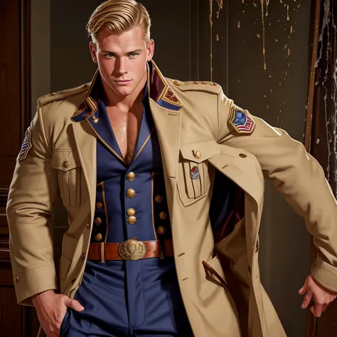 illustration in leyendecker style: in one ceremonial unbuttoned jacket, without pants or swimming trunks, a muscular blond 22-ye...