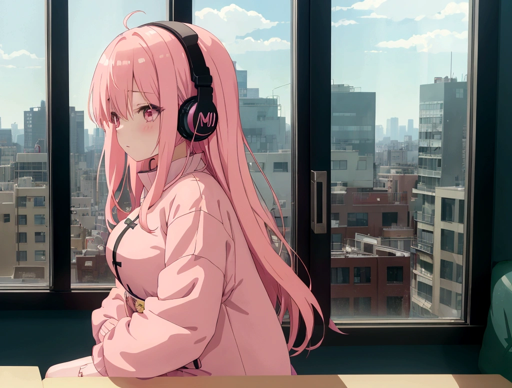 Anime girl wearing headphones and looking out the window at the city, Large room with big windows, light pink long hair, Lo-fi Girl, Kaisei and Artgelm, Anime atmosphere, Lofi Artstyle, Anime Style 4k, Anime Aesthetics, Lo-fi feeling, Lofi Art, anime art wallpaper 4k, An atmosphere of praise, Emotional cityscape