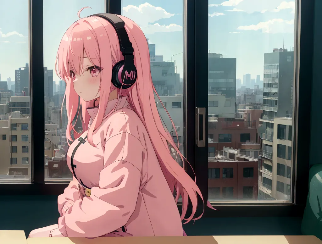 anime girl wearing headphones and looking out the window at the city, large room with big windows, light pink long hair, lo-fi g...