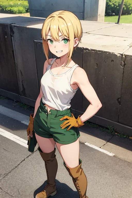 Anime Art、Full body portrait、A freckled female mechanic, about 38 years old, about 165 cm tall, wearing a white tank top and brown shorts, standing upright with her hands on her hips、Laughing with mouth open、The hairstyle is short、Blonde、wearing goggles、Green Eyes、gloves、Knee-high boots