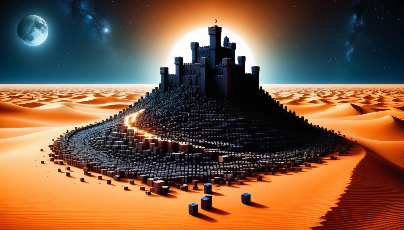 A desert made of small RAL-3D cubes,An old castle stands,Midnight in the desert,Several small RAL-3D cubes fall from above,Wrapped in a fantastic dark light