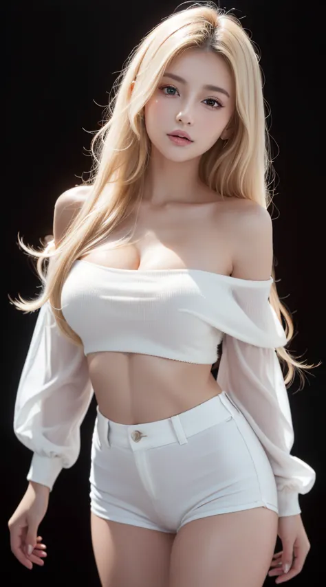 (((((White BlondeのLong Hair、Long Hair、超Long Hair、Off-the-shoulder blouse、hot pants、Fluffy Wave、White Blonde、Gal、beauty、Well-groo...