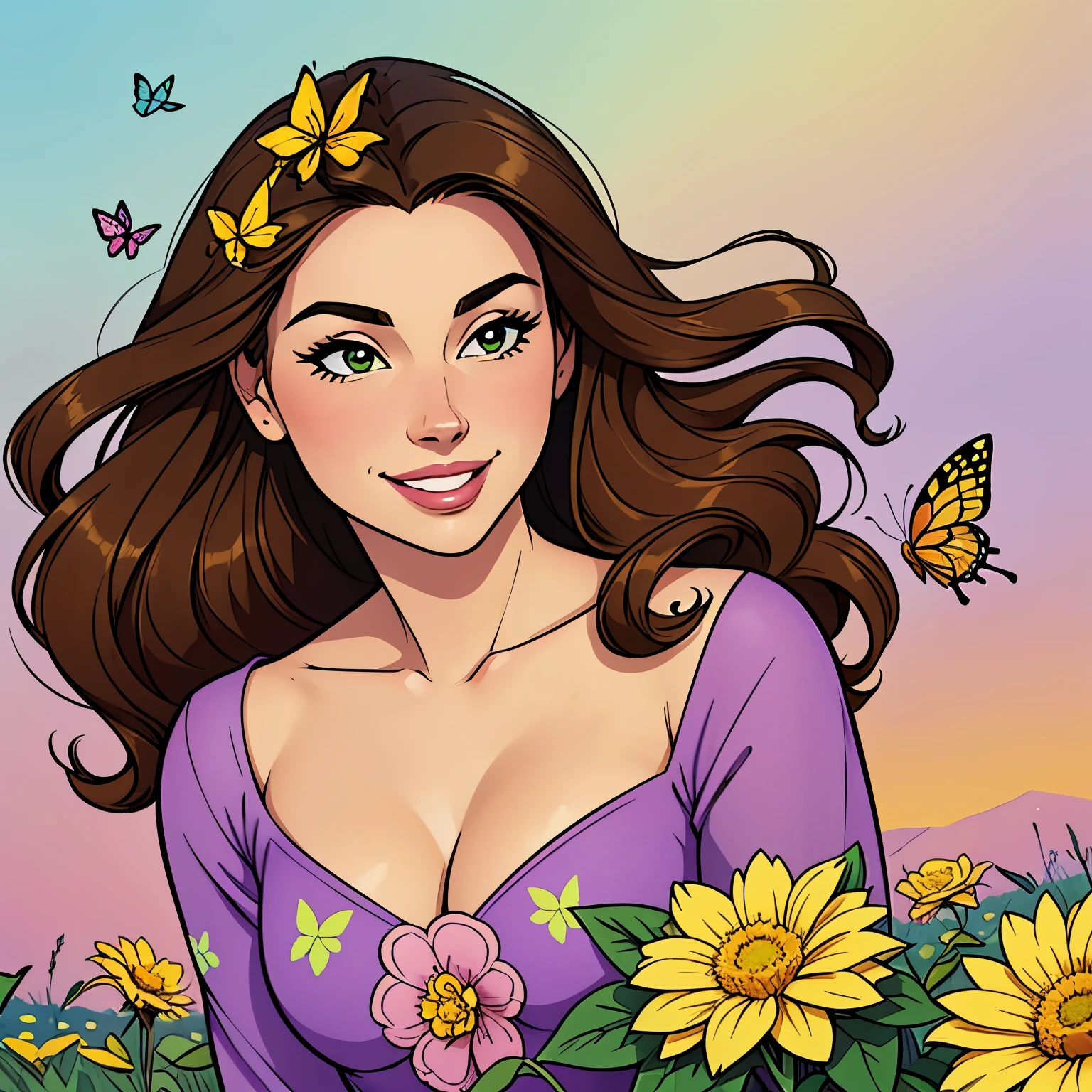 The aesthetics of digital art, with precise lines and a smooth gradient (a brunette with long hair, a playful smile), intricate details, vivid colors, semi-realistic but idealized pastel colors, with yellow flowers in a field, whimsical and srene with butterflies fluttering around the person, add a whimsical touch.