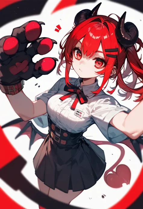 (fraction_9,fraction_8_direction number_7_up),1 girl,devil girl,red hair,red eyes,wing,paw,black skirt,fair_face,