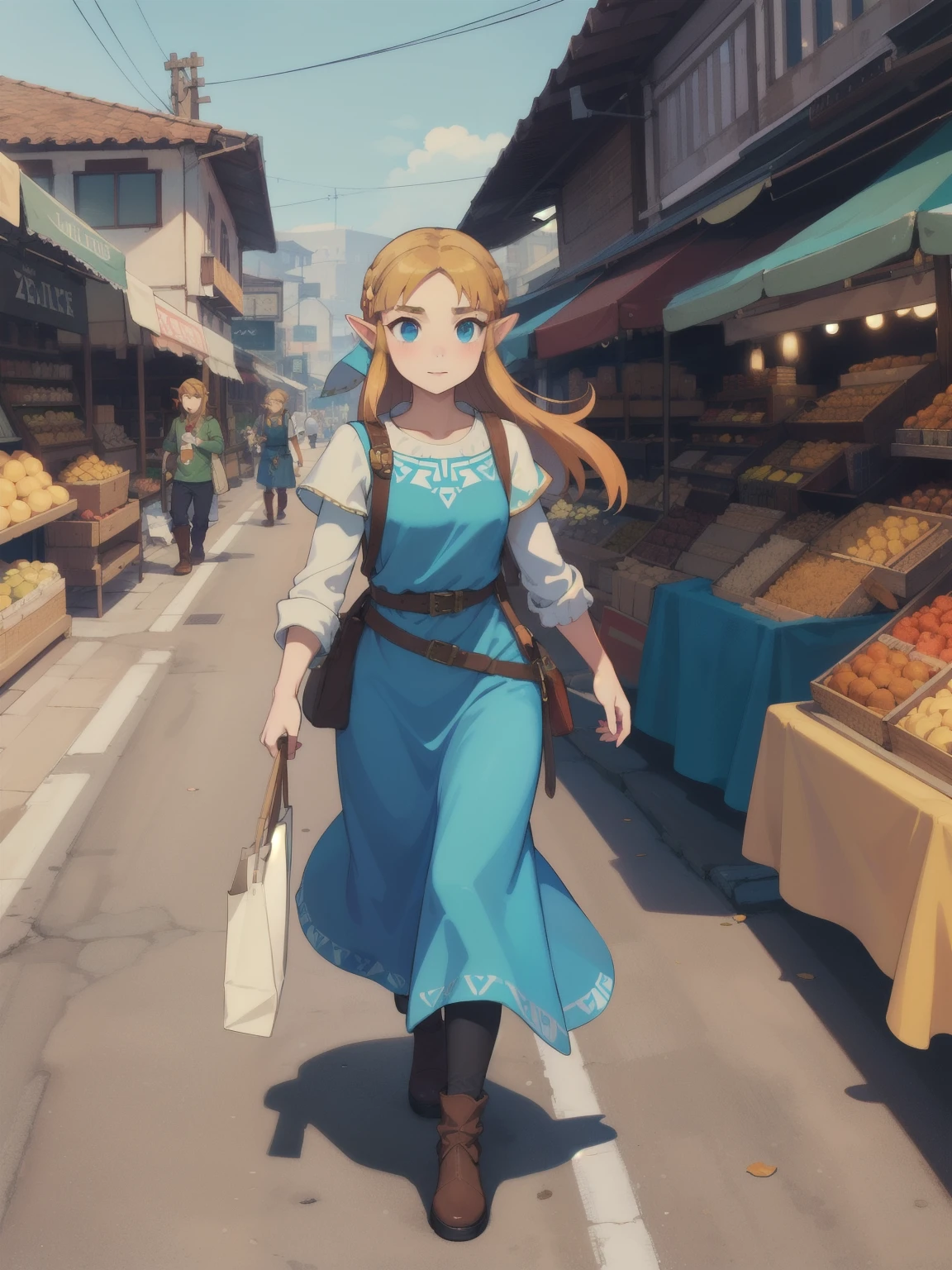 masterpiece, the best_quality, 1 sister, Solitary, Princess Zelda walking on a busy market road, Nintendo, The Legend of Zelda, Normal weight