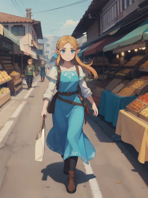 masterpiece, the best_quality, 1 sister, Solitary, Princess Zelda walking on a busy market road, Nintendo, The Legend of Zelda, ...