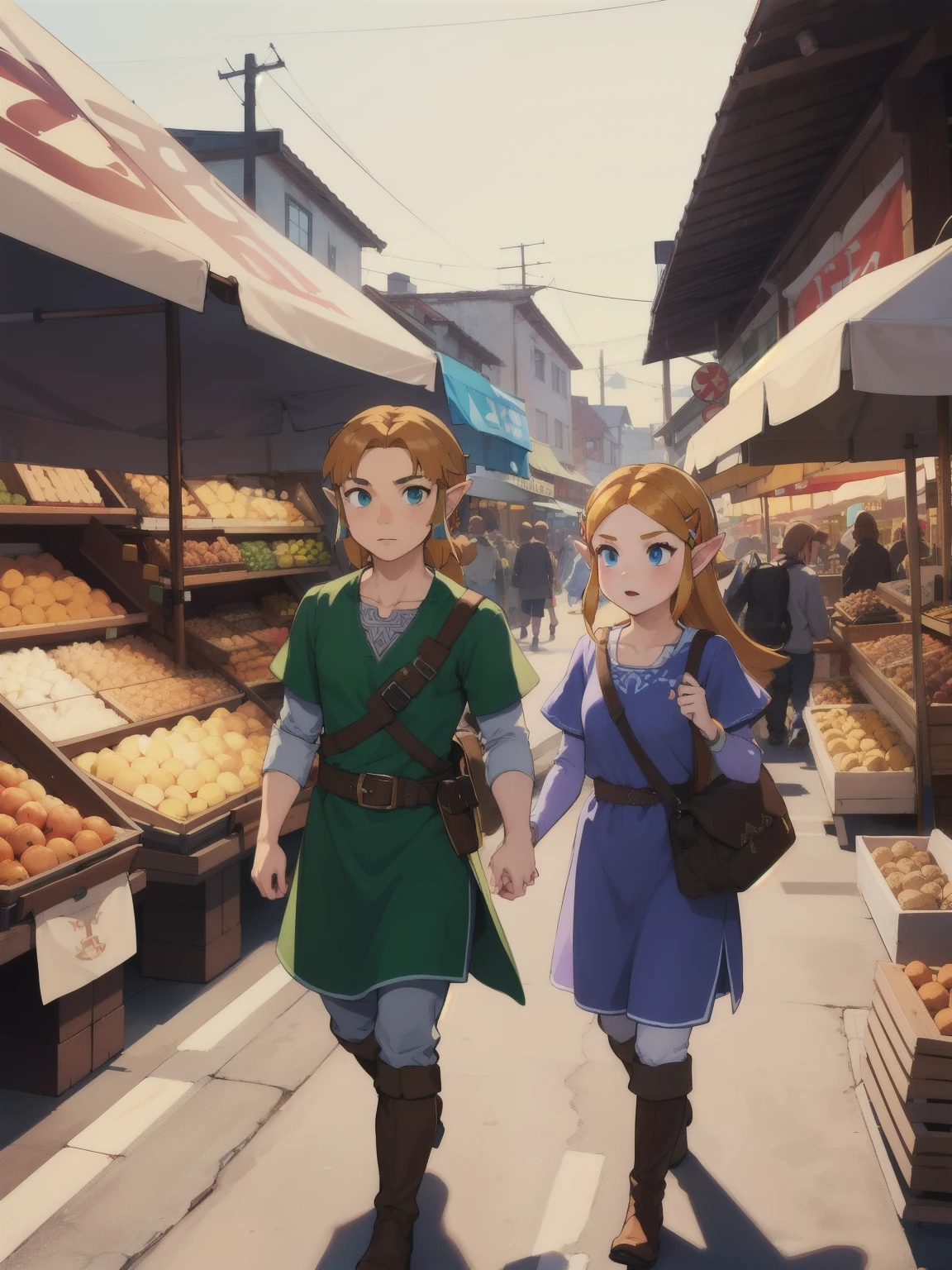 masterpiece, the best_quality, 1 sister, Solitary, Princess Zelda walking on a busy market road, Nintendo, The Legend of Zelda, Normal weight