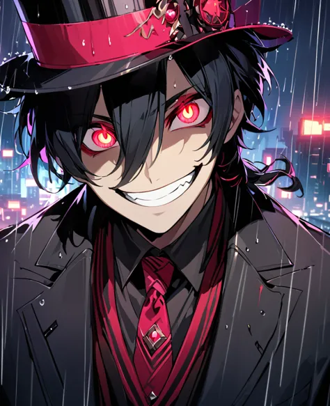 (black_hair), (deep_ruby_eyes), (detailed_eyes), (crazy_smile), (attractive), (night_city_background), (raining), (glowing_eyes)...