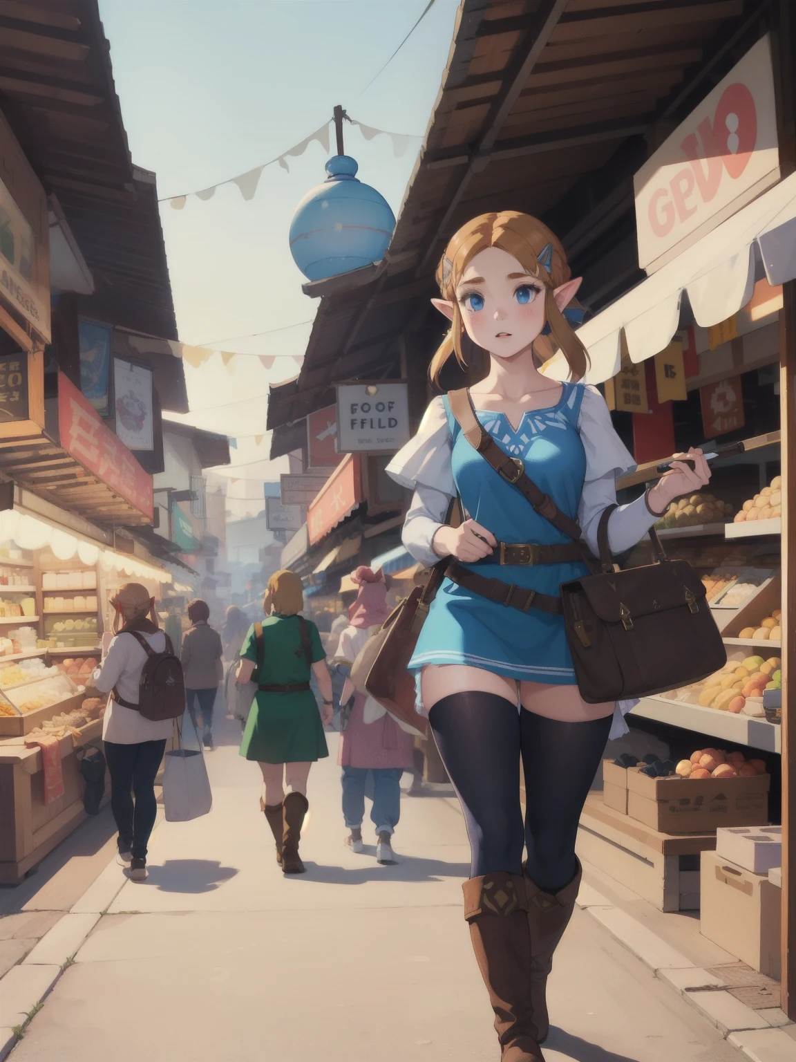 masterpiece, the best_quality, 1 sister, Solitary, Princess Zelda walking on a busy market road, Nintendo, The Legend of Zelda, Normal weight