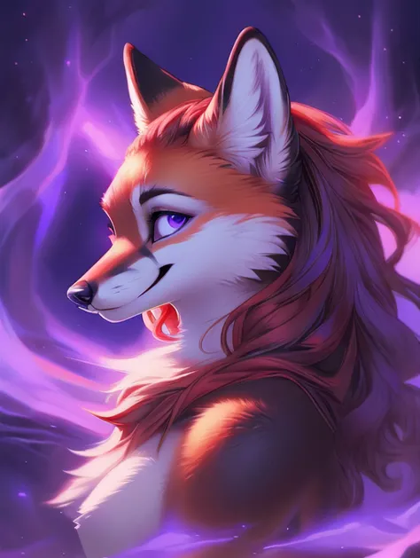 wild red fox, female, fox masterpiece, of the highest quality, beautiful, majestic, purple lighting, bright