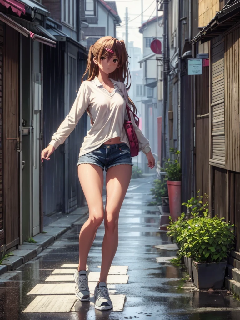 Girl, tight shorts, Unbuttoned shirt on a naked body, Bare breasts, chest visible, street  background, Narrow passage between houses, night, rain, slim body, In full growth, Sneakers, slim ass, small breast 