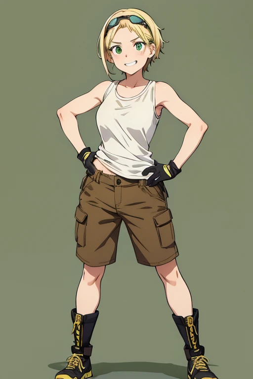 Anime Art、Full body portrait、A freckled female mechanic, about 38 years old, about 165 cm tall, wearing a white tank top and brown shorts, standing upright with her hands on her hips、Laughing with mouth open、The hairstyle is short、Blonde、wearing goggles、Green Eyes、gloves、Knee-high boots