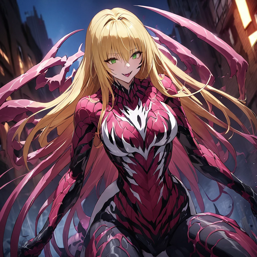 ((Highest quality)), ((masterpiece)), (detailed), （Perfect Face）、The Venom woman is Tearju, a green-eyed, blonde, medium-long-haired female Venom, whose body has been completely transformed into Venom and who is wearing a Venom suit that fits her entire body, including her head, covering her completely, and she has been reborn as the Venom Queen.