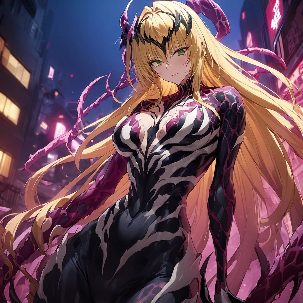 ((Highest quality)), ((masterpiece)), (detailed), （Perfect Face）、The Venom woman is Tearju, a green-eyed, blonde, medium-long-haired female Venom, whose body has been completely transformed into Venom and who is wearing a Venom suit that fits her entire body, including her head, covering her completely, and she has been reborn as the Venom Queen.