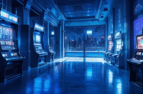 blue casino, night, downtown, HDR, 4k resolution, blue moon, modern architecture, slot machine, indoor, blue theme, blue light