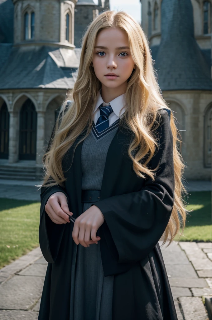 melhor qualidade, 8K, muito delicado e lindo, Textura altamente detalhada do rosto e da pele, pele brilhante, Alta resolução, linda adolescente loira de cabelos longos vestindo uniforme preto de Hogwarts e listras azuis em frente ao castelo, garra de vingança, foco nitído