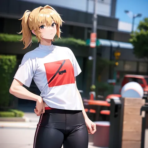 anime 1990, male, shirt, femboy hooter text on shirt, mini pants, 