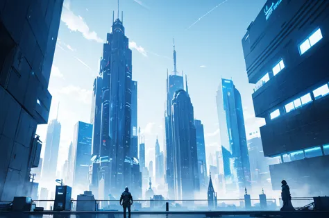 futuristic city, skyscraper, blue theme, blue light, HDR, 4k resolution, blue light, high contrast
