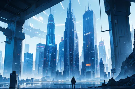 futuristic city, skyscraper, blue theme, blue light, HDR, 4k resolution, blue light, high contrast