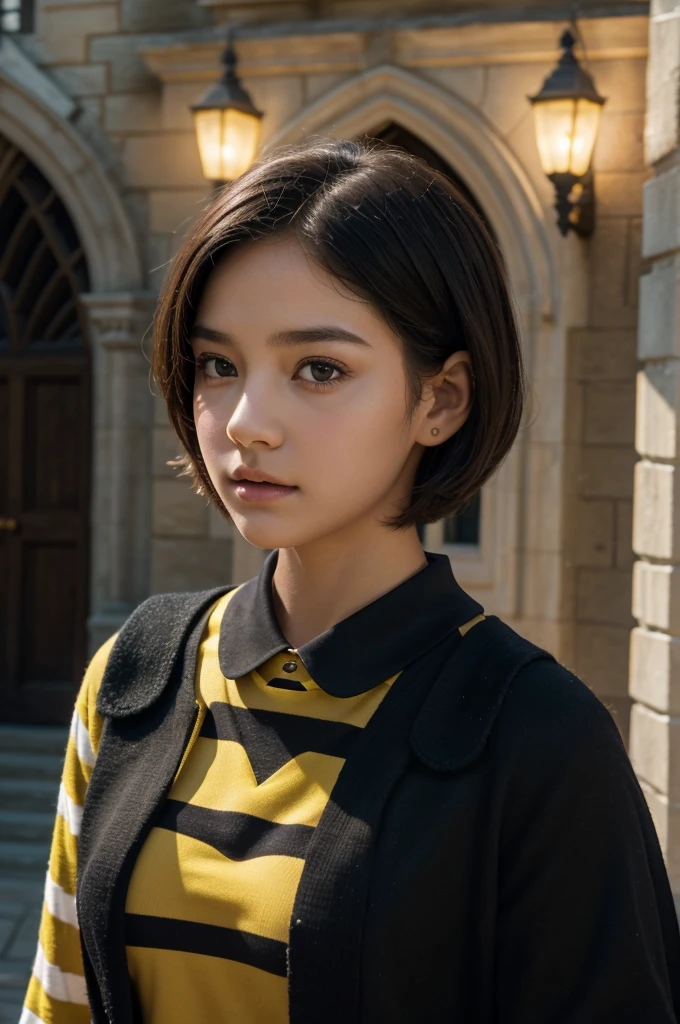 best quality, 8k, very delicate and beautiful, highly detailed face and skin texture, shiny skin, high resolution, cute short hair teenage girl wearing black hogwarts uniform and yellow stripes stand in front of castle, hufflepuff, sharp focus