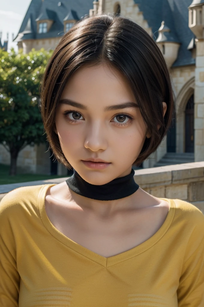 best quality, 8k, very delicate and beautiful, highly detailed face and skin texture, shiny skin, high resolution, cute short hair teenage girl wearing black hogwarts uniform and yellow stripes stand in front of castle, hufflepuff, sharp focus
