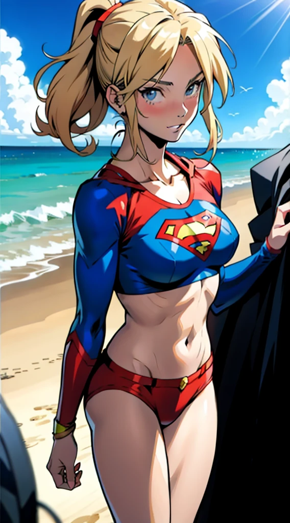 アニメ cel-shading Supergirl, bikini, on the beach in ((anime + manga + comics + cartoon) style) 