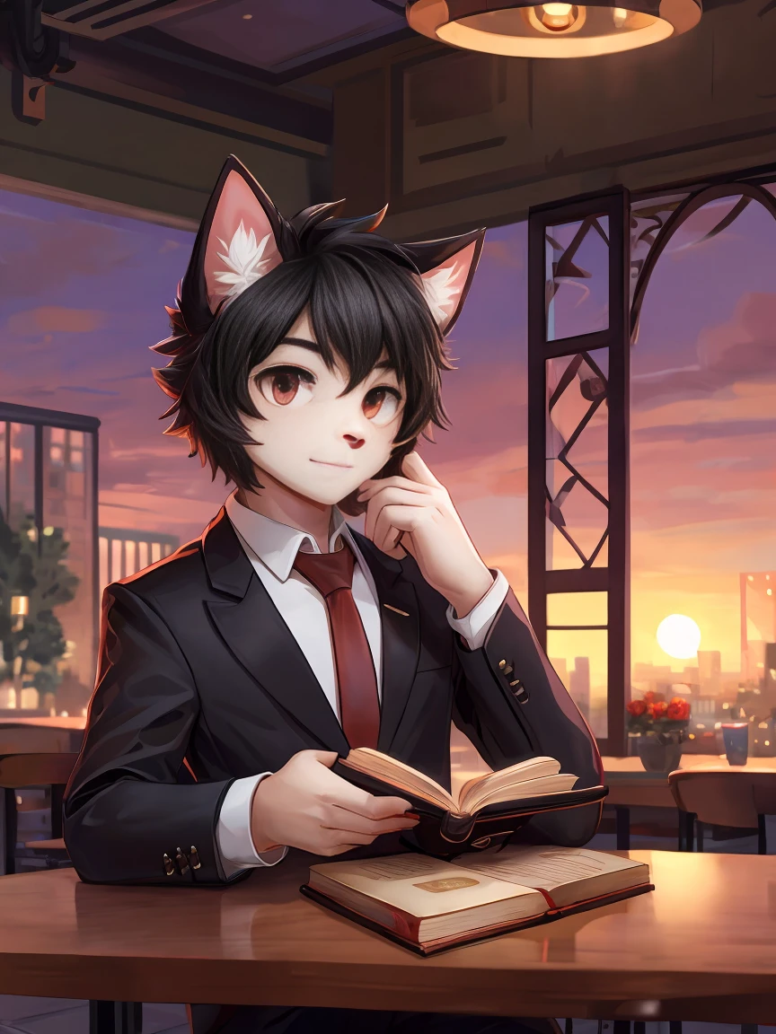 White cat youth，Black hair，Red eyes，White hairy hands，Black suit，Dark and thick eyebrows，Red tie，Cafe，City sunset，Holding a magic book in hand