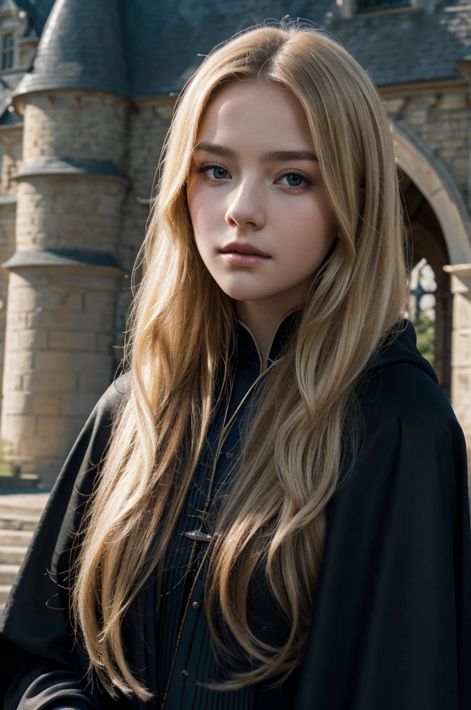 Meilleure qualité, 8k, Très délicat et beau, Texture du visage et de la peau très détaillée, peau brillante, haute résolution, Une belle adolescente aux longs cheveux blonds portant une cape noire et des rayures bleues se tient devant un château., griffe de vengeance, netteté
