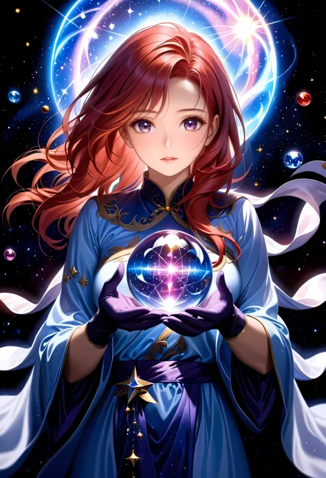 a beautiful astrologer charting the stars in the majestic starry night sky, detailed face and expression, long flowing robes, my...