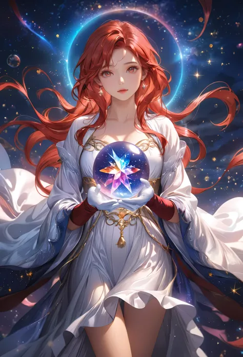 a beautiful astrologer charting the stars in the majestic starry night sky, detailed face and expression, long flowing robes, my...