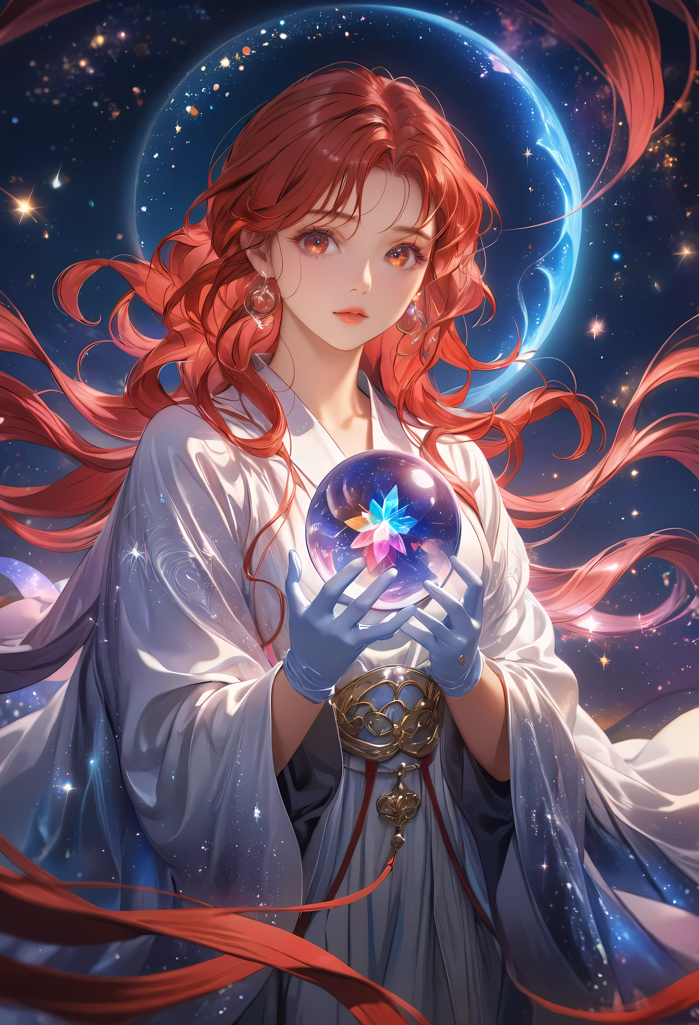 a beautiful astrologer charting the stars in the majestic starry night sky, detailed face and expression, long flowing robes, mystical aura, glowing crystal ball, fantastical celestial background, dramatic lighting, cinematic composition, digital art, concept art, hyper detailed, 16k, photorealistic, award winning, vibrant colors, dramatic lighting | | Rendered in ultra-high definition with UHD and retina quality, this masterpiece ensures anatomical correctness and textured skin with super detail. With a focus on high quality and accuracy, this award-winning portrayal captures every nuance in stunning 16k resolution, immersing viewers in its lifelike depiction. | ((pretty wavey red hair):1.1), ((fancy handgloves):1.1) | (((anatomical correctness))), (((perfect_fingers))), (((perfect_legs))), (((perfect_hands))), ((perfect_composition, perfect_design, perfect_layout, perfect_detail, ultra_detailed)), ((enhance_all, fix_everything)), More Detail, Enhance.