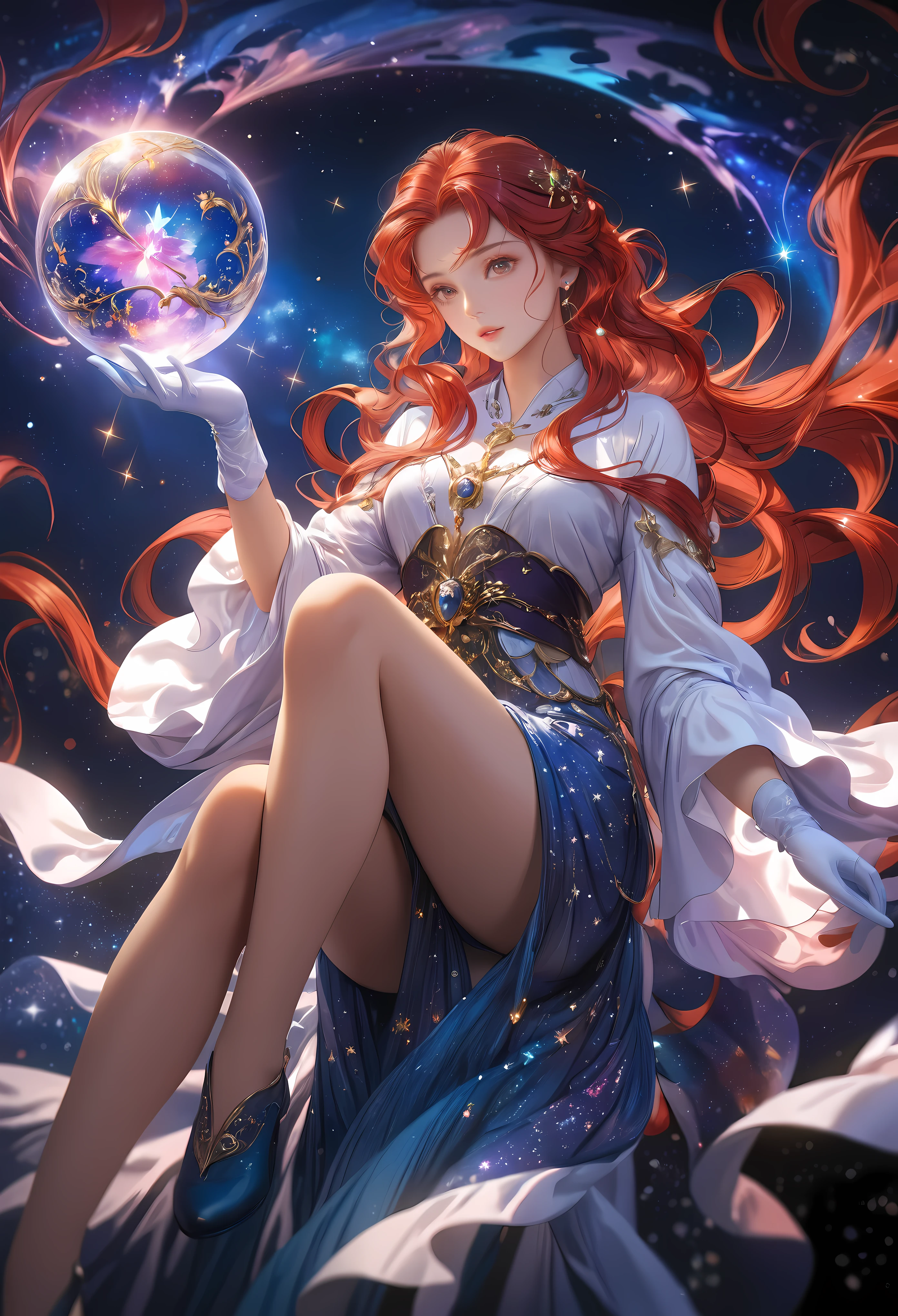 a beautiful astrologer charting the stars in the majestic starry night sky, detailed face and expression, long flowing robes, mystical aura, glowing crystal ball, fantastical celestial background, dramatic lighting, cinematic composition, digital art, concept art, hyper detailed, 16k, photorealistic, award winning, vibrant colors, dramatic lighting | | Rendered in ultra-high definition with UHD and retina quality, this masterpiece ensures anatomical correctness and textured skin with super detail. With a focus on high quality and accuracy, this award-winning portrayal captures every nuance in stunning 16k resolution, immersing viewers in its lifelike depiction. | ((pretty wavey red hair):1.1), ((fancy handgloves):1.1) | (((anatomical correctness))), (((perfect_fingers))), (((perfect_legs))), (((perfect_hands))), ((perfect_composition, perfect_design, perfect_layout, perfect_detail, ultra_detailed)), ((enhance_all, fix_everything)), More Detail, Enhance.