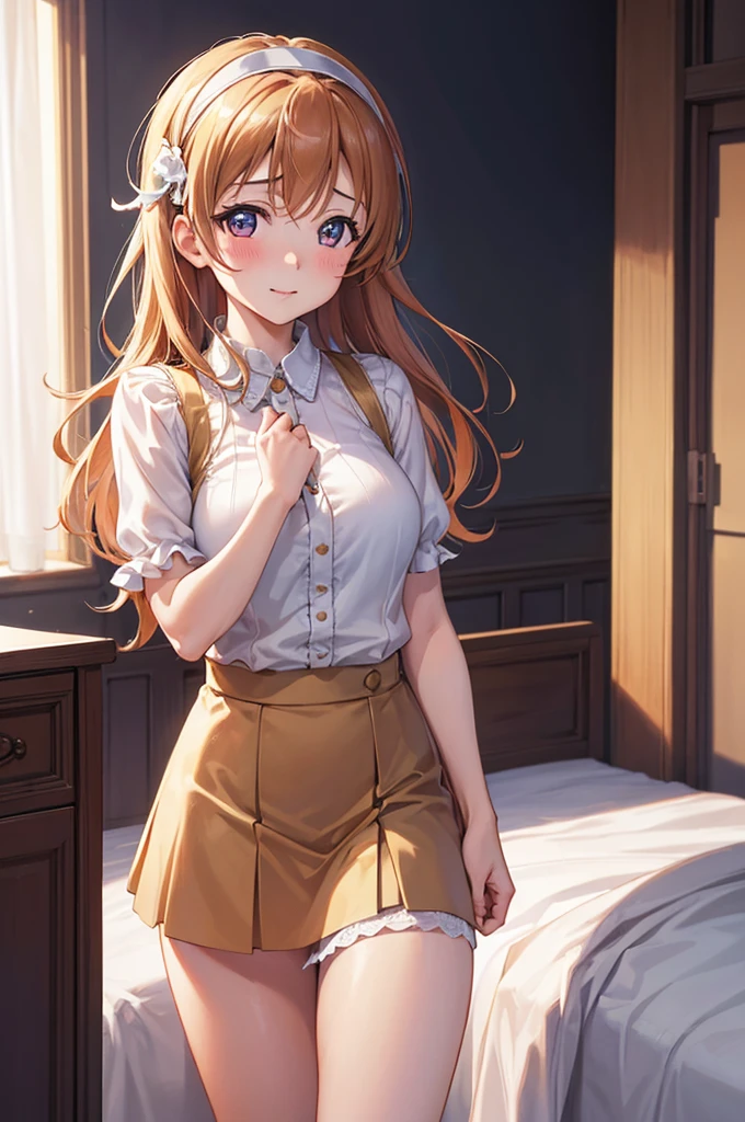 Highly detailed, high quality, masterpiece, beautiful, (all photographic shot), girl student girl, Honoka Kosaka character from love live, perfect eyes, pretty eyes, clear eyes, blushing face, happy face, big thighs, with headband, medium chest, long hair, sexy, short skirt, shows full panties, background image in a modern bedroom