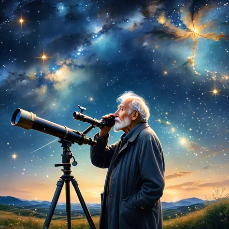 The old man is looking at the starry sky with a telescope（（（masterpiece）））， （（best quality））