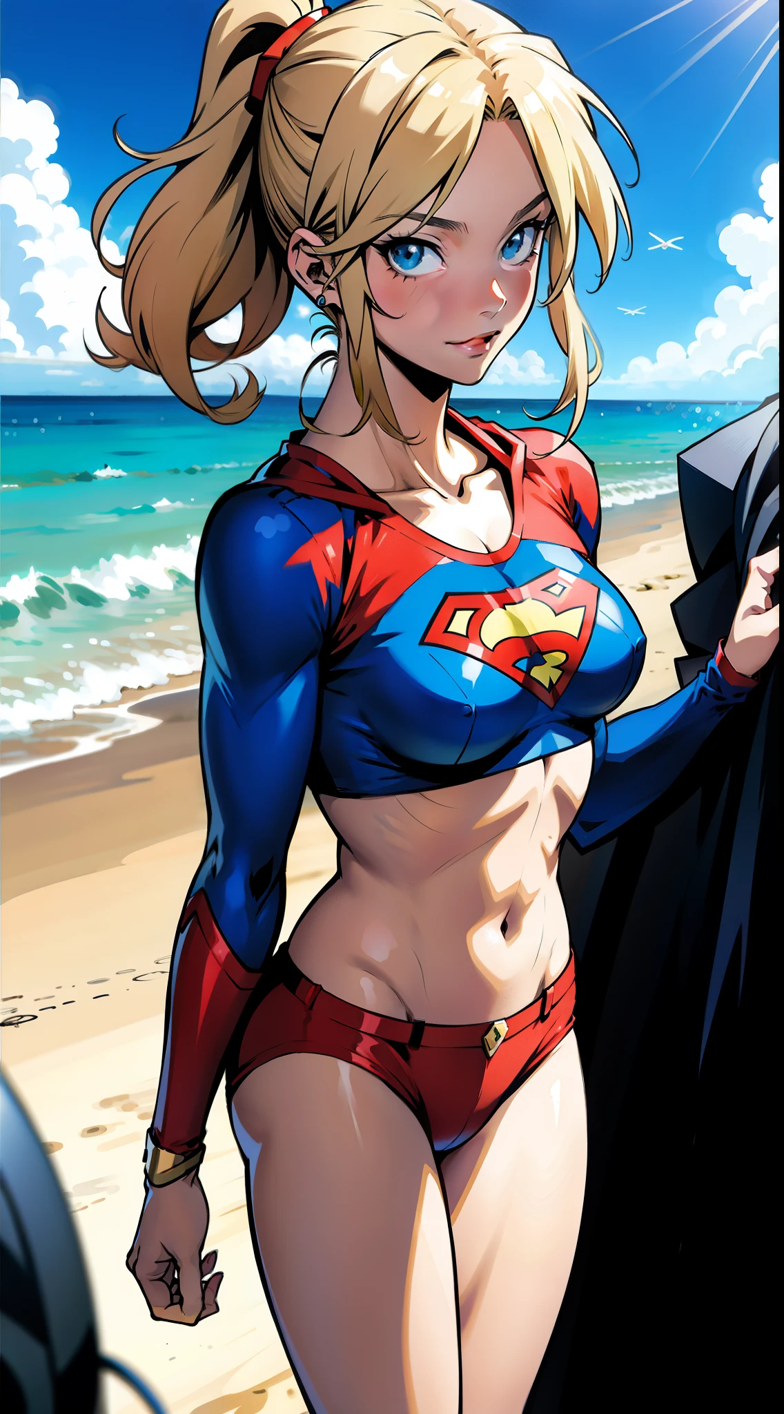 アニメ cel-shading Supergirl, bikini, on the beach in ((anime + manga + comics + cartoon) style) 