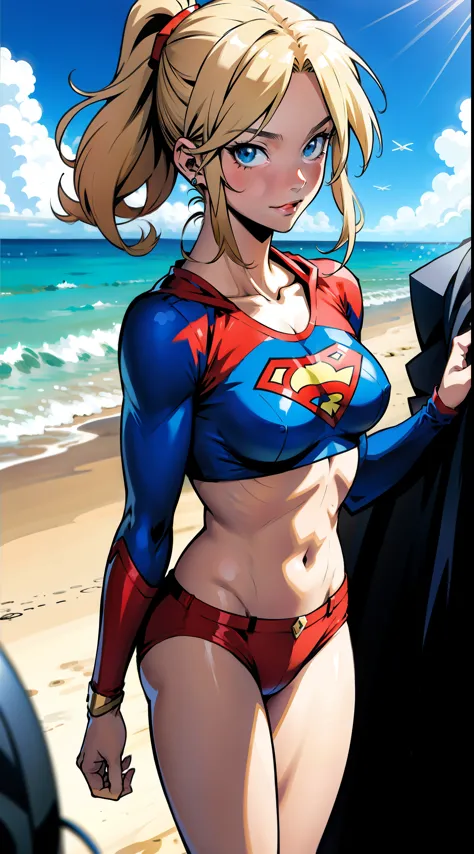 アニメ cel-shading supergirl, bikini, on the beach in ((anime + manga + comics + cartoon) style)