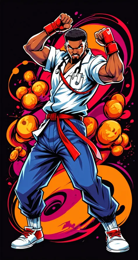 dr style fighting game. then, hip-hop style, t shirt design, flat-colors, vectorial art,  ((black backdrop)) . dynamic, vibrant,...