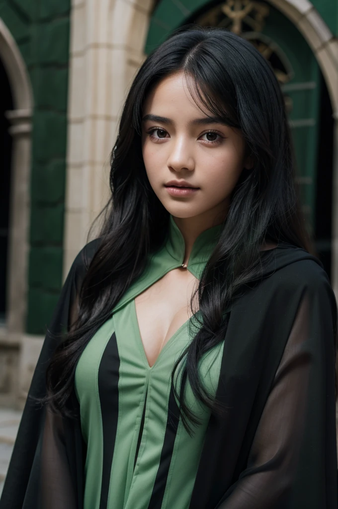 best quality, 8k, very delicate and beautiful, highly detailed face and skin texture, shiny skin, high resolution, sexy black long hair teenage girl wearing black cloak and green stripes stand in front of castle, slytherin, sharp focus